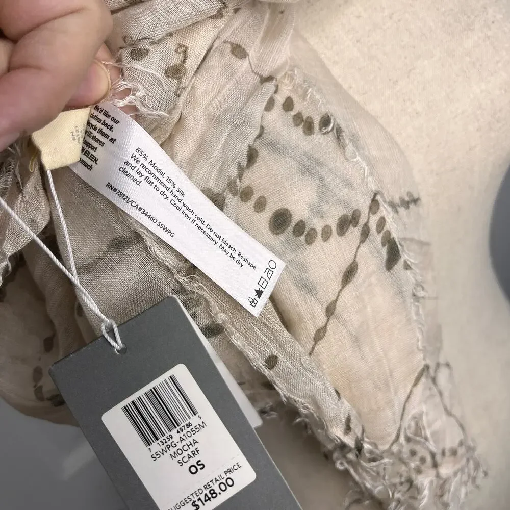 Eileen Fisher Scarf Women's White Grey Web Printed Gauze Modal Silk Flawed